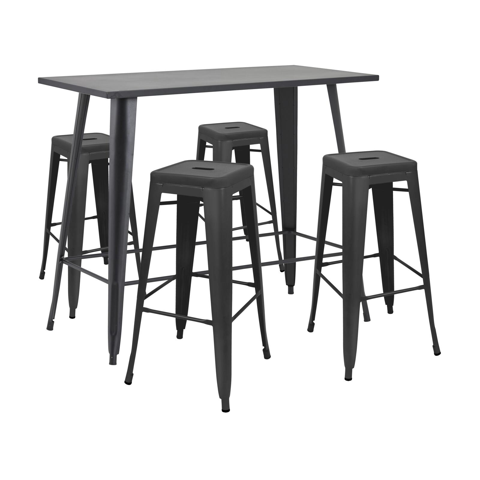 Table haute de jardin 120 x 60 cm et 4 tabourets en métal noir mat