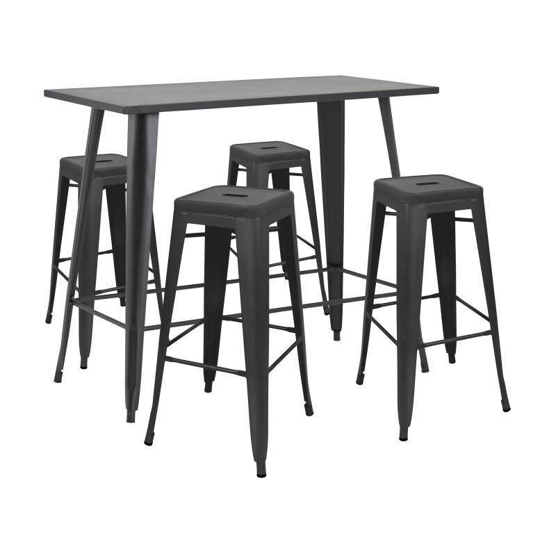 Table haute de jardin 120 x 60 cm et 4 tabourets en métal noir mat