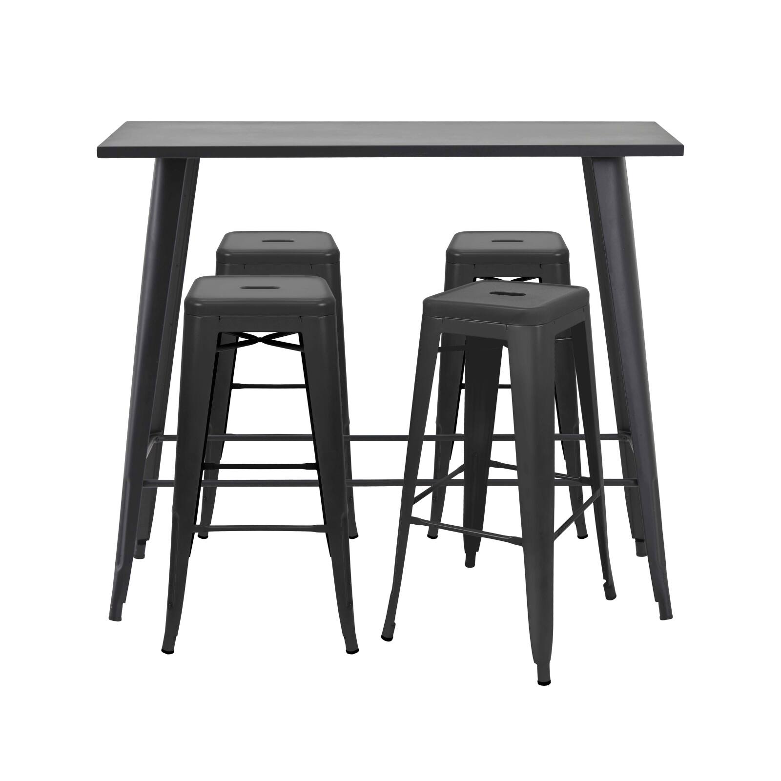 Table haute de jardin 120 x 60 cm et 4 tabourets en métal noir mat