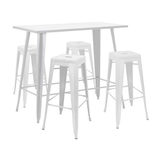 Table haute de jardin 120 x 60 cm et 4 tabourets en métal noir mat