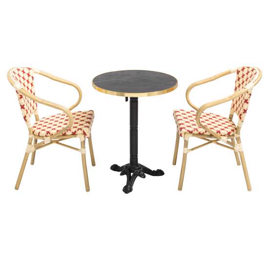 Table de jardin bistrot inclinable en stratifié effet marbre et fonte Ø60 cm et 2 chaises en rotin synthétique et aluminium | Ov