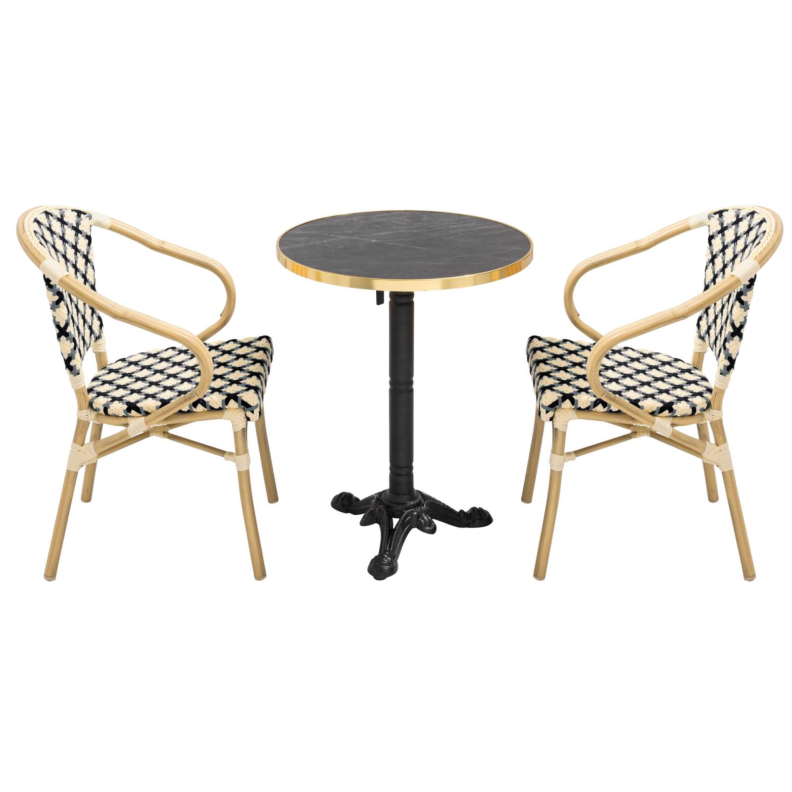 Table de terrasse en contreplaqué stratifié avec bord en aluminium ⌀60 cm et 2 chaises style bistrot parisien