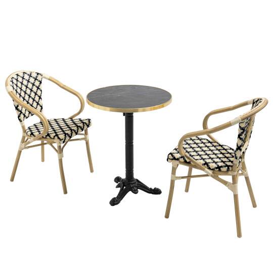 Table de jardin bistrot inclinable en stratifié effet marbre et fonte Ø60 cm et 2 chaises en rotin synthétique et aluminium | Ov