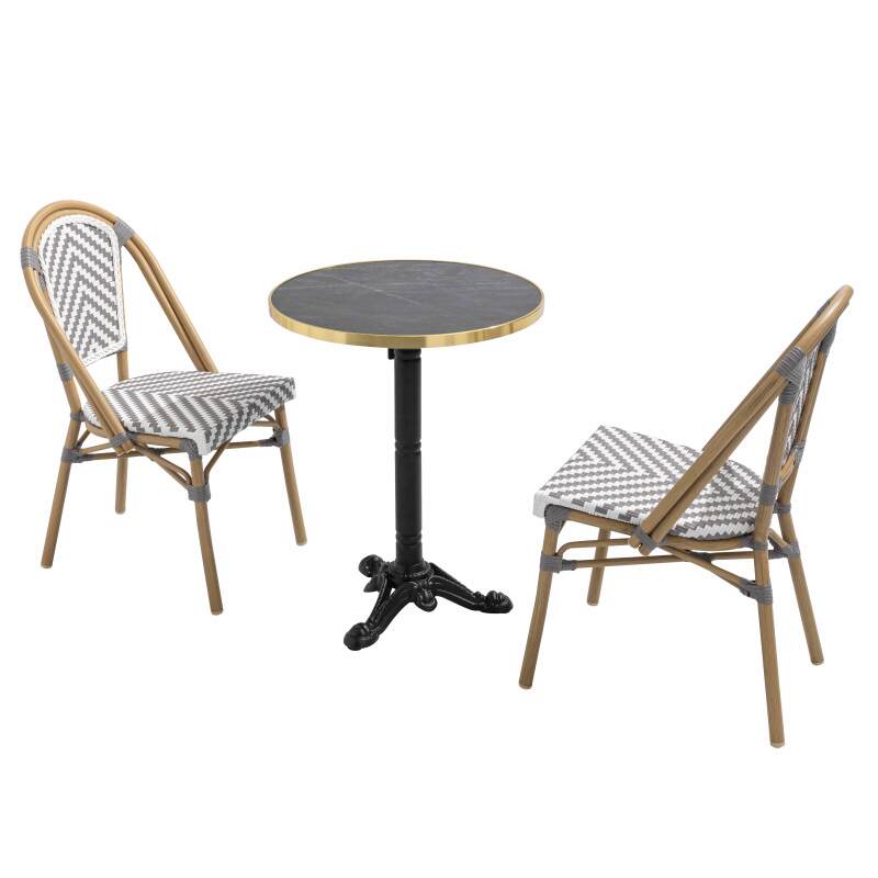Table de terrasse ⌀60 cm inclinable stratifiée et 2 chaises style bistrot en aluminium
