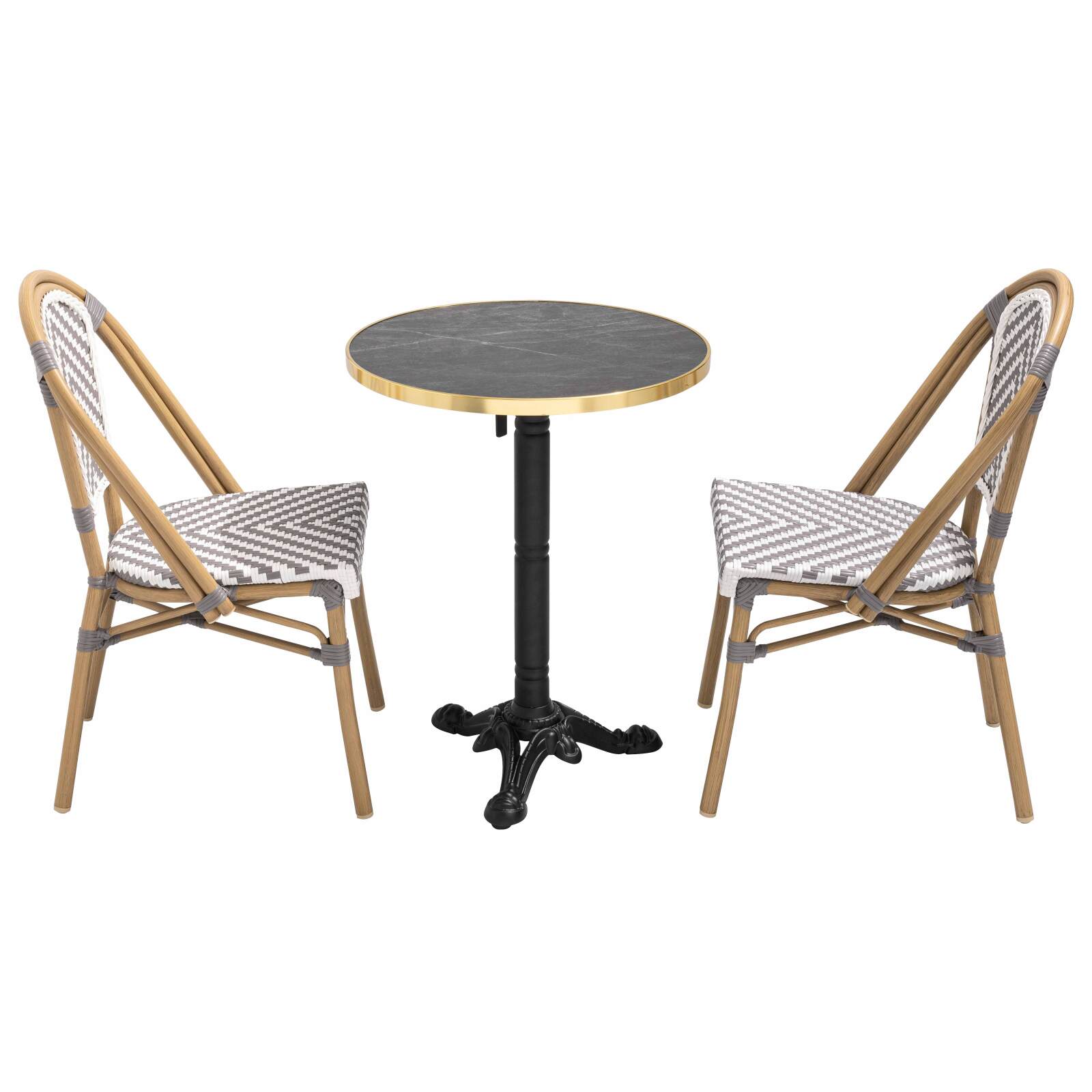 Table de terrasse ⌀60 cm inclinable stratifiée et 2 chaises style bistrot en aluminium 