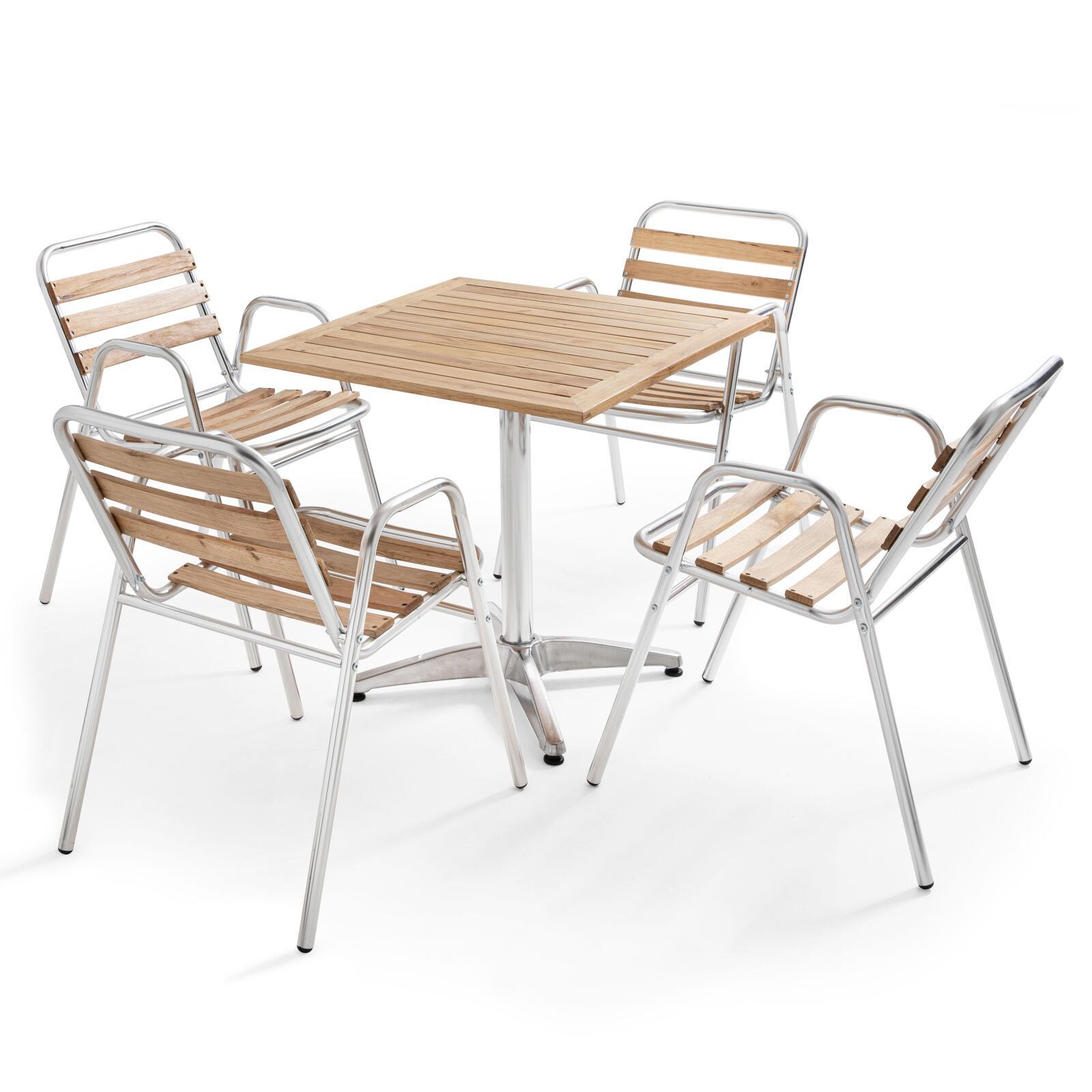 Table de terrasse rabattable et 4 chaises en aluminium et bois