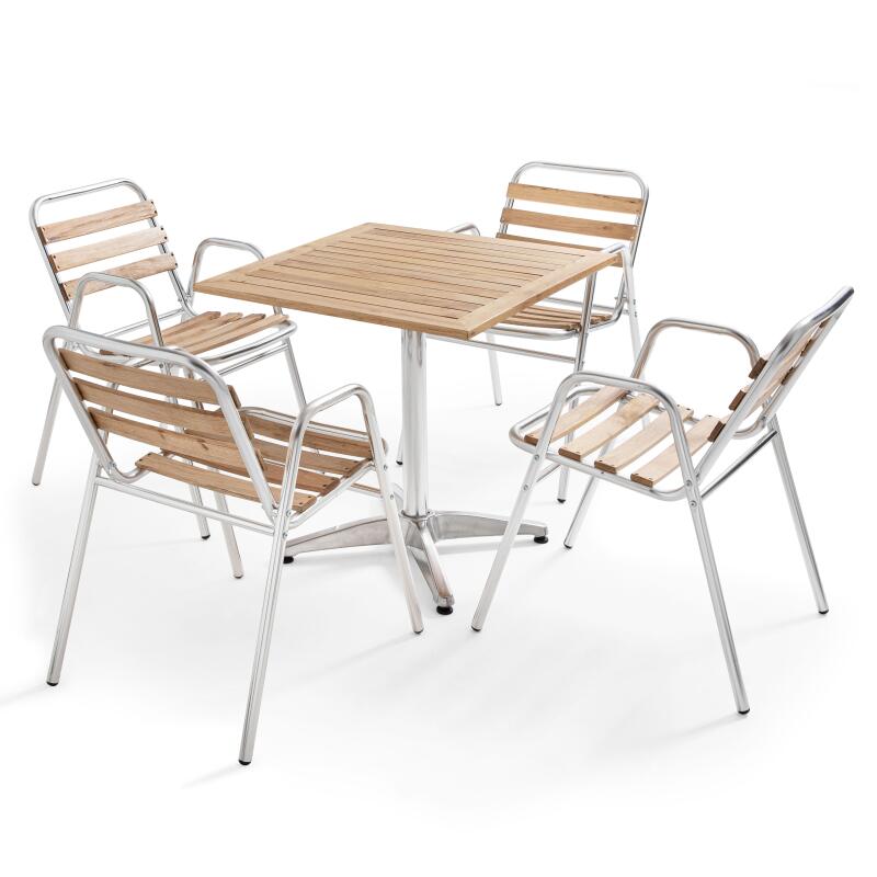 Table de terrasse rabattable et 4 chaises en aluminium et bois