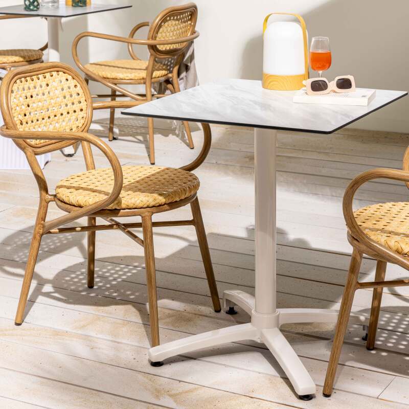 Table de jardin carrée 60 x 60 cm avec pied blanc inclinable en HPL