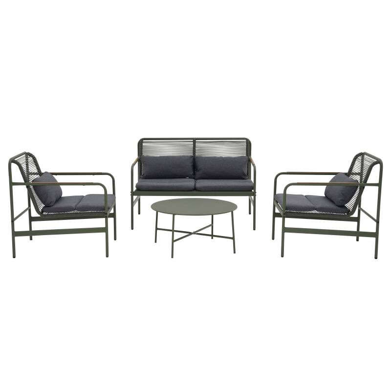 Salon de jardin 4 places en métal avec 1 canapé, 2 fauteuils et table basse