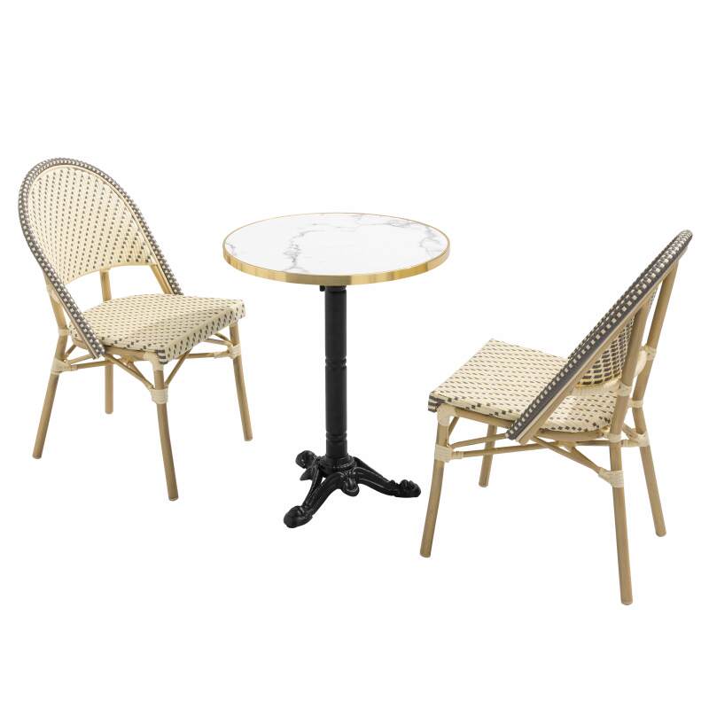 Table de terrasse ⌀60 cm inclinable stratifiée et 2 chaises style bistrot en aluminium et rotin synthétique