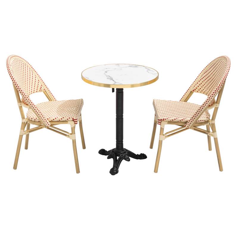 Table de terrasse ⌀60 cm inclinable stratifiée et 2 chaises style bistrot en aluminium et rotin synthétique (2/8)
