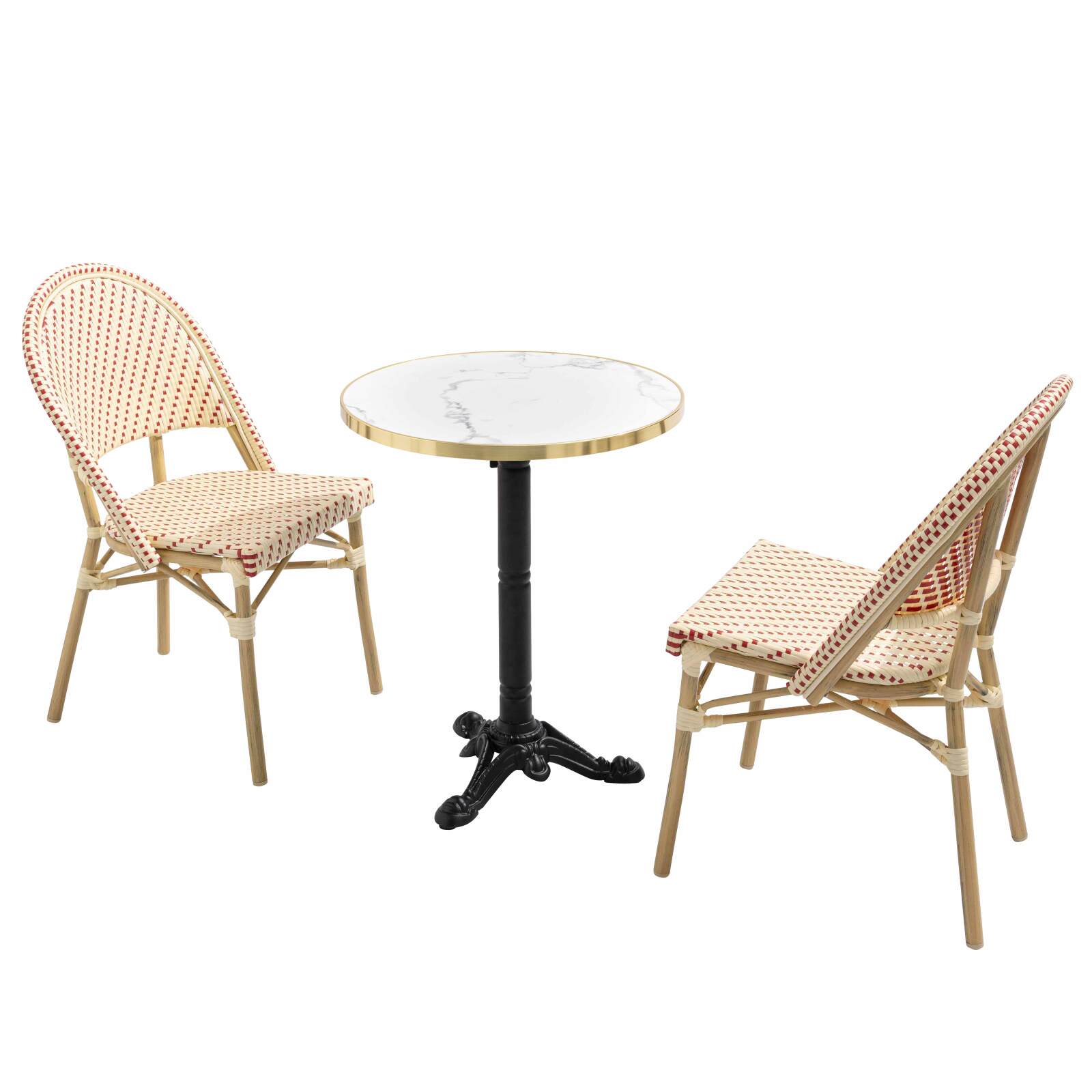 Table de terrasse ⌀60 cm inclinable stratifiée et 2 chaises style bistrot en aluminium et rotin synthétique