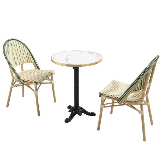 Table de jardin bistrot inclinable en stratifié effet marbre et fonte Ø60 cm et 2 chaises en rotin synthétique et aluminium | Ov