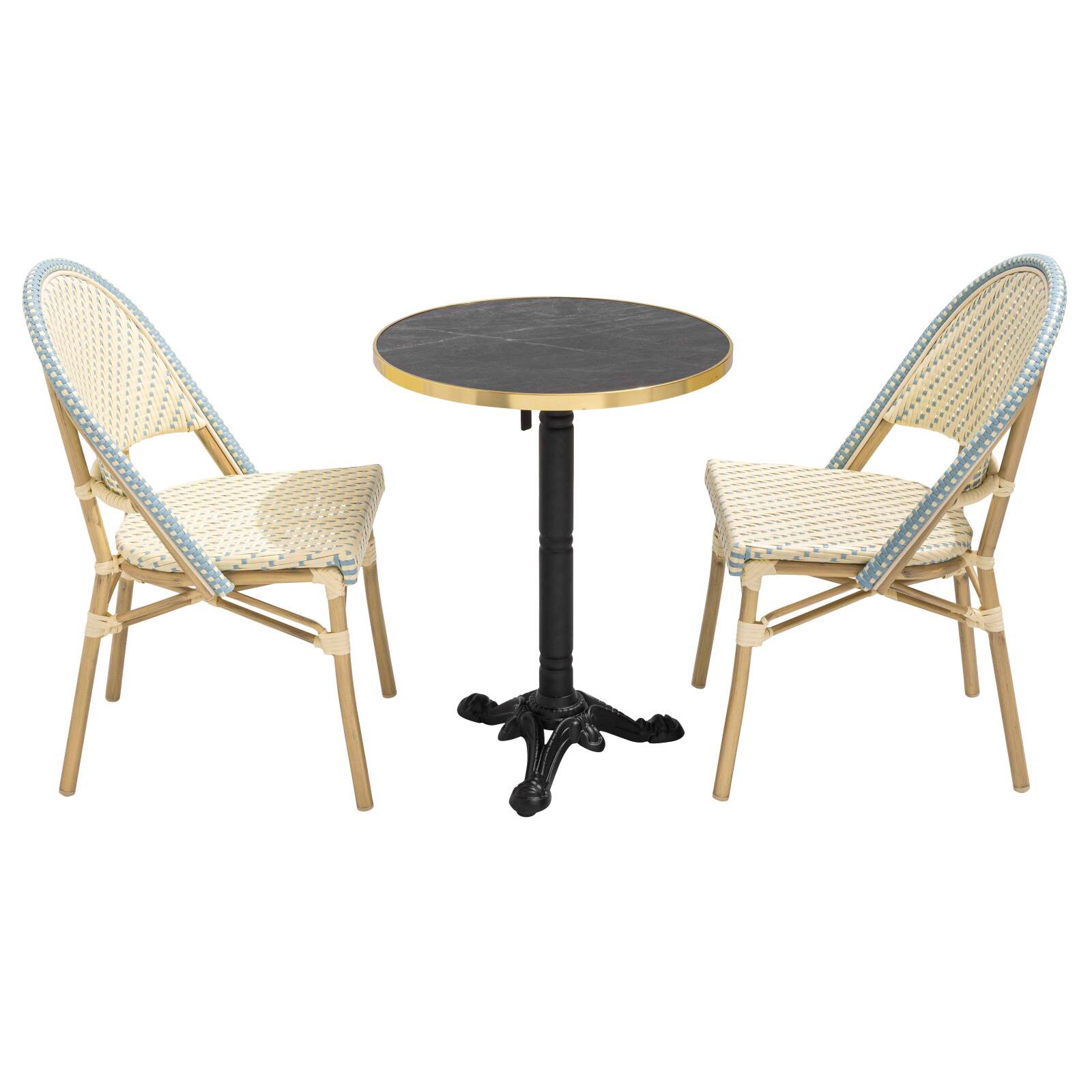 Table de terrasse ⌀60 cm inclinable stratifiée et 2 chaises style bistrot en aluminium et rotin synthétique