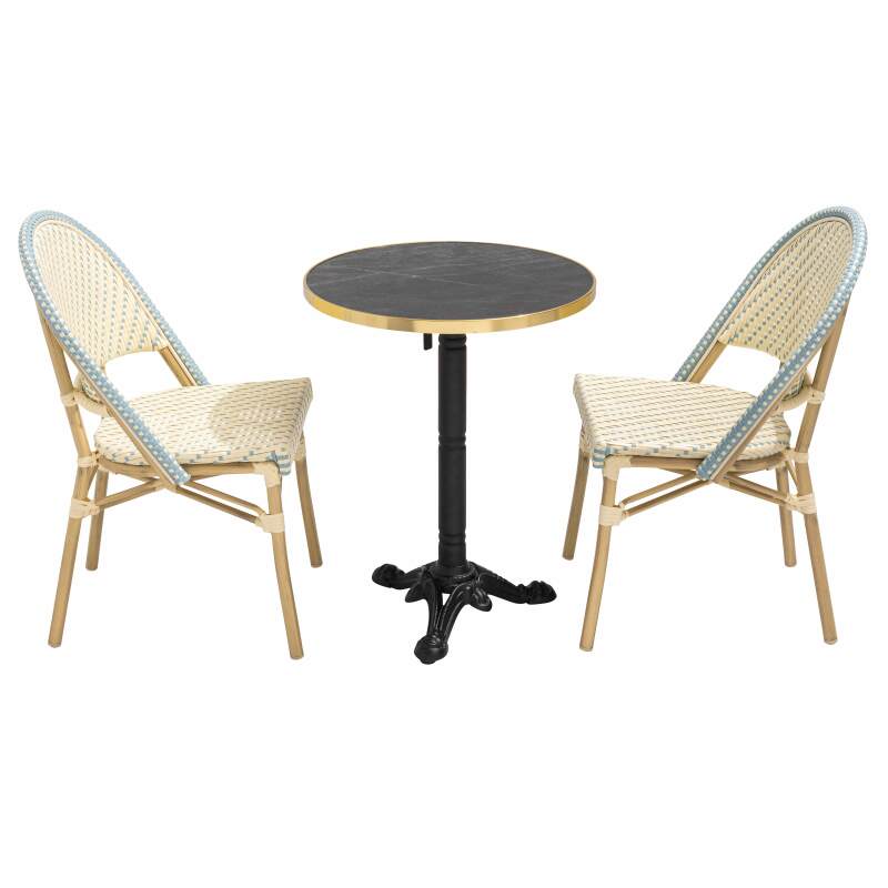Table de terrasse ⌀60 cm inclinable stratifiée et 2 chaises style bistrot en aluminium et rotin synthétique (3/8)