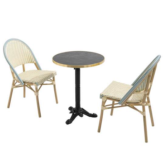 Table de jardin bistrot inclinable en stratifié effet marbre et fonte Ø60 cm et 2 chaises en rotin synthétique et aluminium | Ov