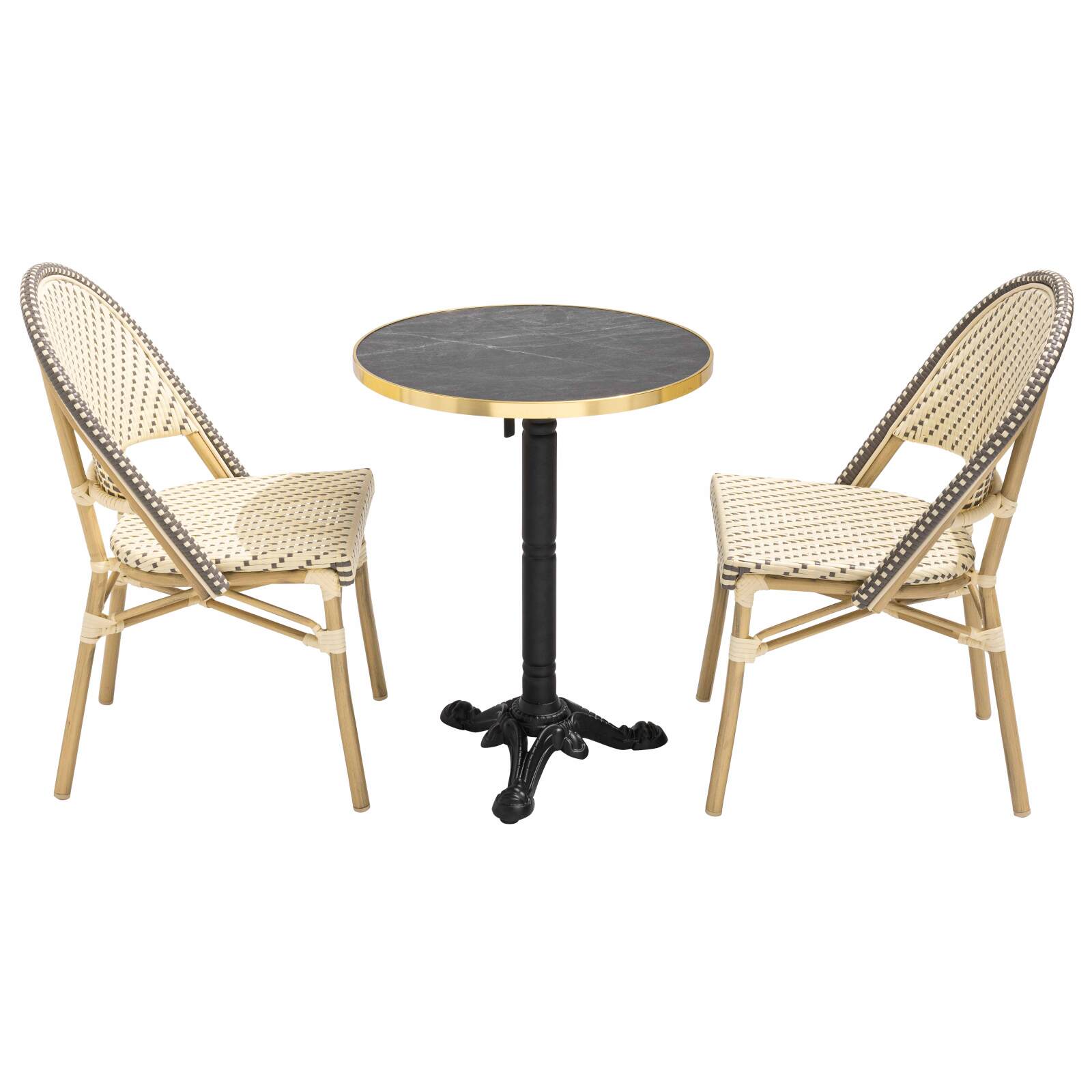 Table de terrasse ⌀60 cm inclinable stratifiée et 2 chaises style bistrot en aluminium et rotin synthétique