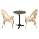 Table de terrasse ⌀60 cm inclinable stratifiée et 2 chaises style bistrot en aluminium et rotin synthétique