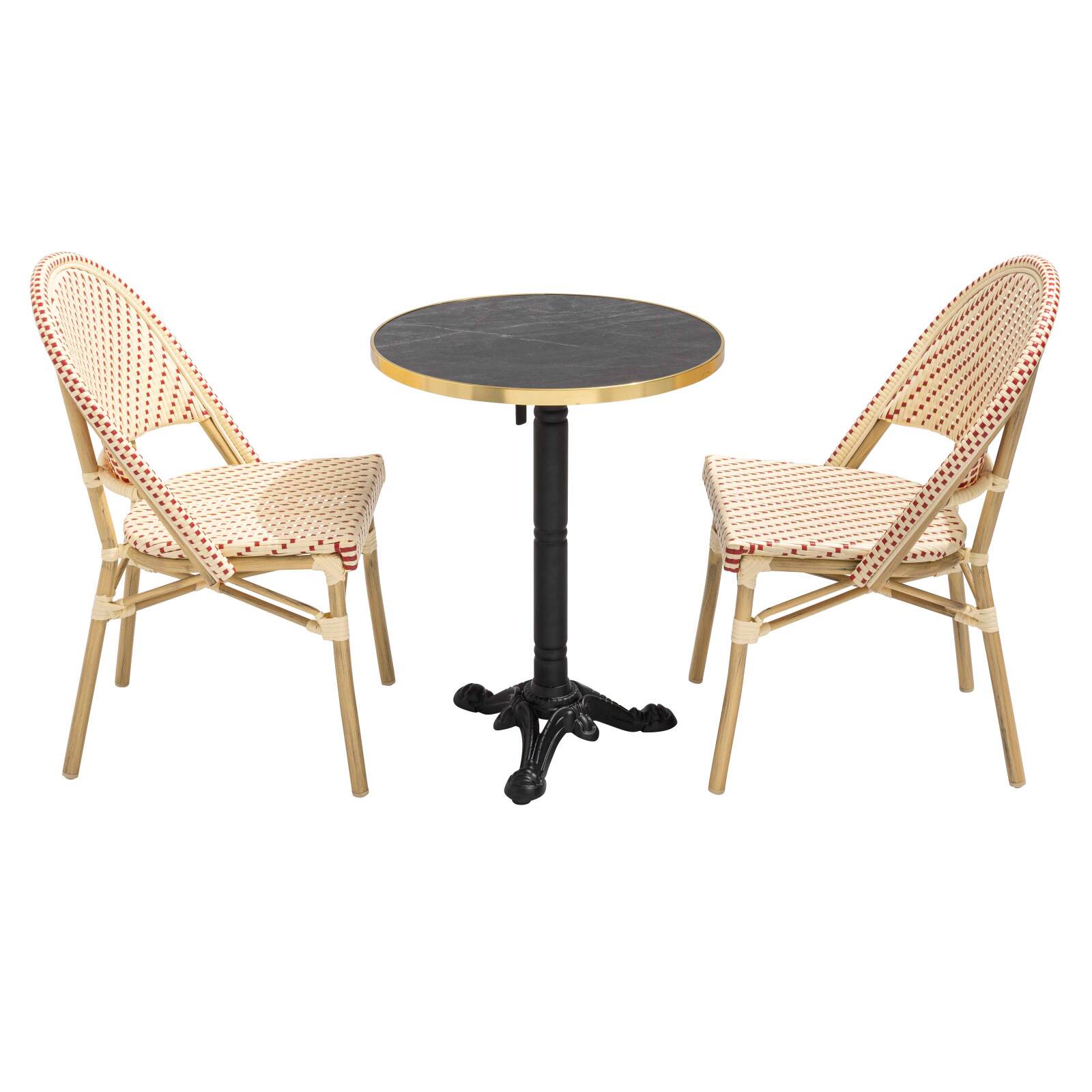 Table de terrasse ⌀60 cm inclinable stratifiée et 2 chaises style bistrot en aluminium et rotin synthétique