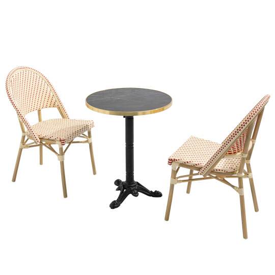 Table de jardin bistrot inclinable en stratifié effet marbre et fonte Ø60 cm et 2 chaises en rotin synthétique et aluminium | Ov