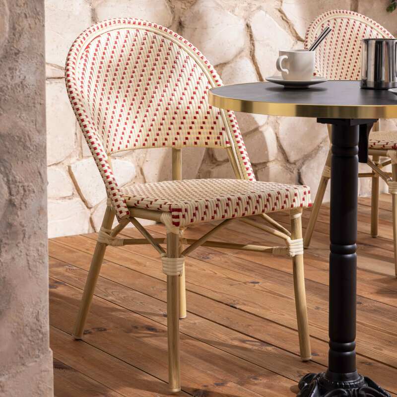 Table de terrasse ⌀60 cm inclinable stratifiée et 2 chaises style bistrot en aluminium et rotin synthétique
