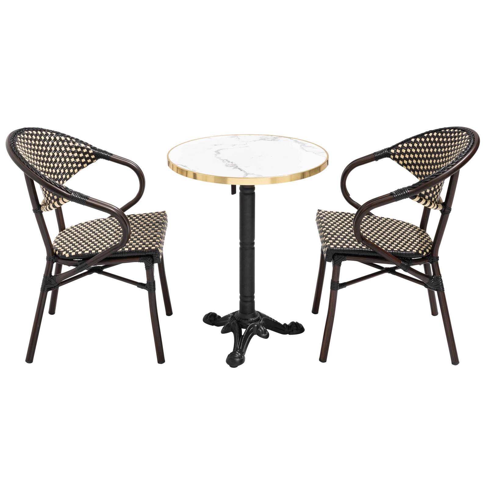 Table de terrasse ⌀60 cm inclinable stratifiée et 2 chaises bistrot en aluminium et rotin synthétique