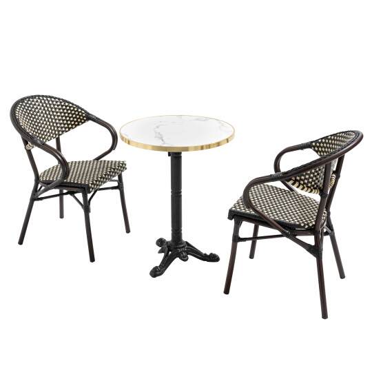 Table de jardin bistrot inclinable en stratifié effet marbre et fonte Ø60 cm et 2 chaises en rotin synthétique et aluminium | Ov