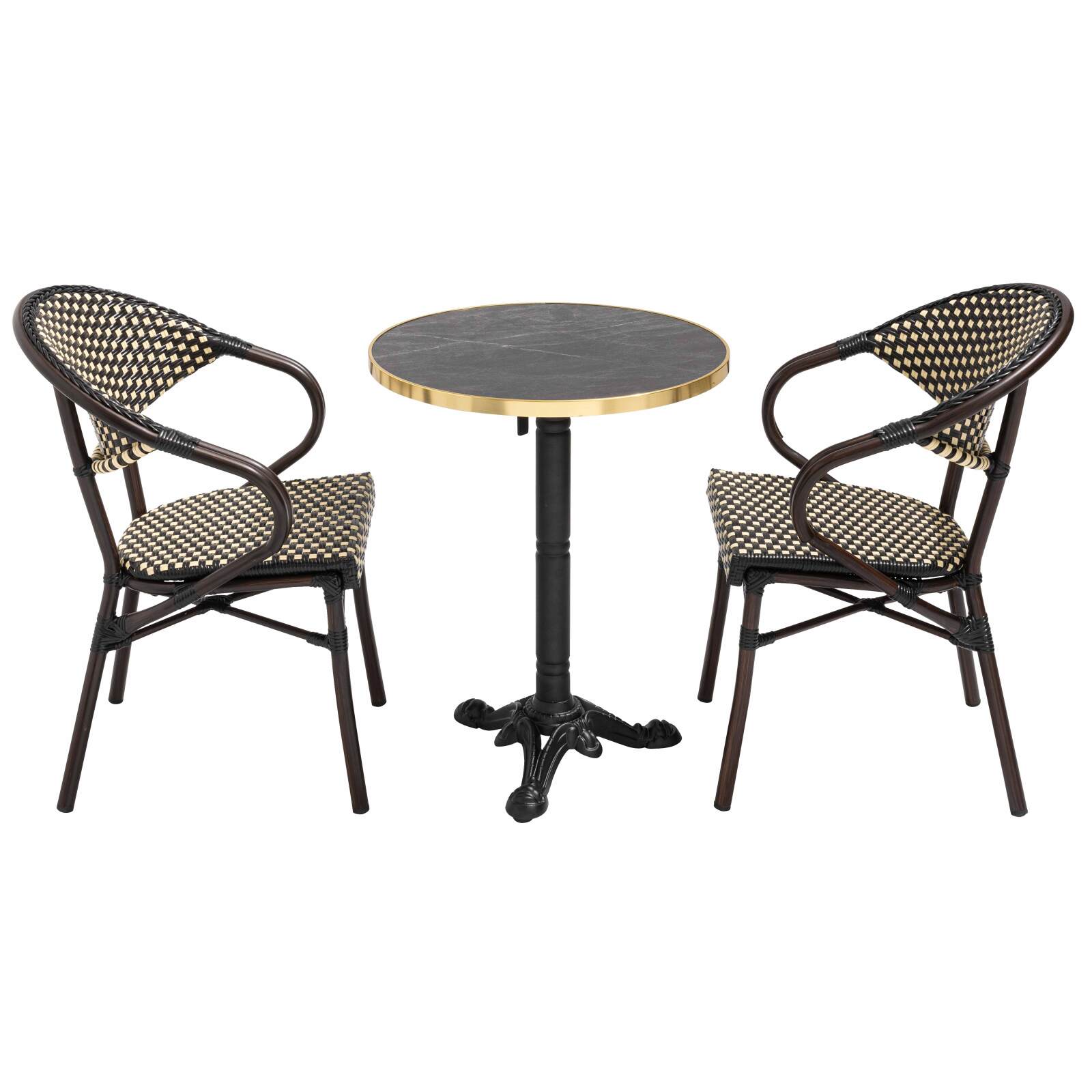 Table de terrasse ⌀60 cm inclinable stratifiée et 2 chaises bistrot en aluminium et rotin synthétique