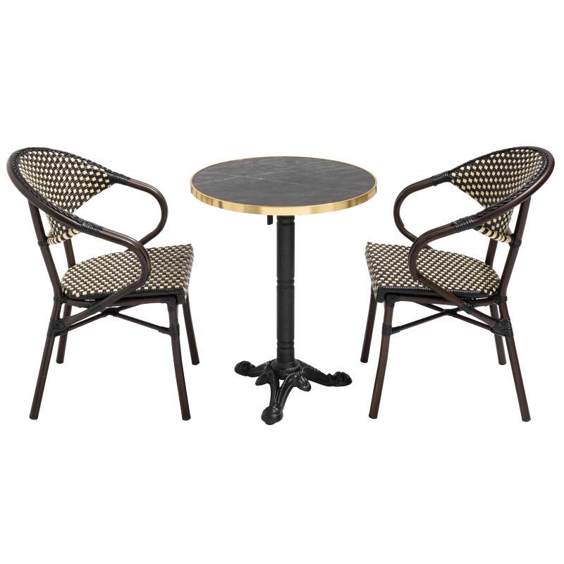 Table de terrasse ⌀60 cm inclinable stratifiée et 2 chaises bistrot en aluminium et rotin synthétique (2/8)