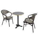 Table de terrasse ⌀60 cm inclinable stratifiée et 2 chaises bistrot en aluminium et rotin synthétique