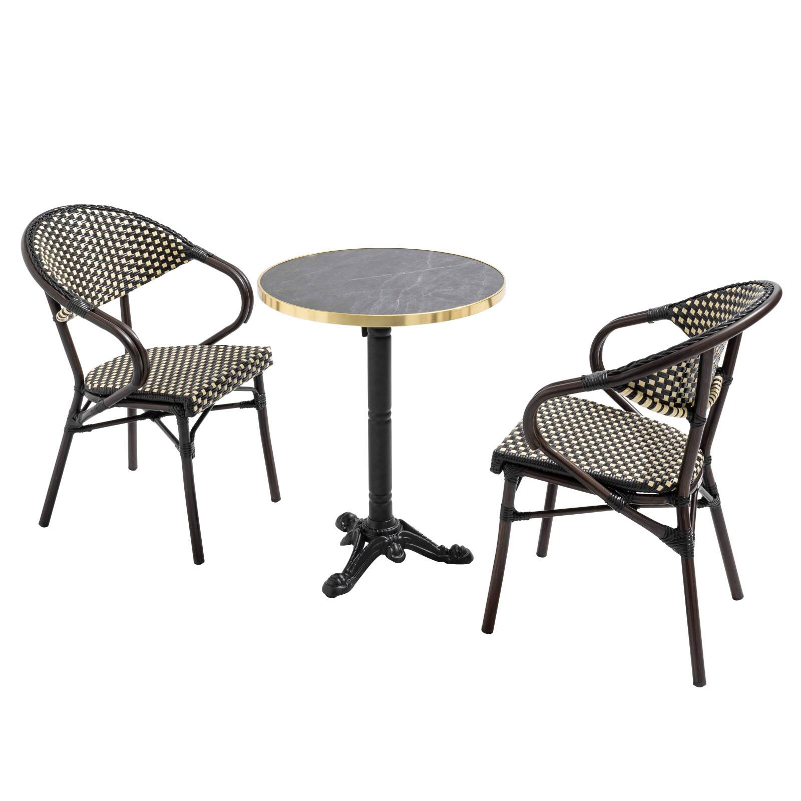 Table de terrasse ⌀60 cm inclinable stratifiée et 2 chaises bistrot en aluminium et rotin synthétique