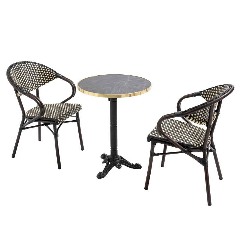 Table de terrasse ⌀60 cm inclinable stratifiée et 2 chaises bistrot en aluminium et rotin synthétique