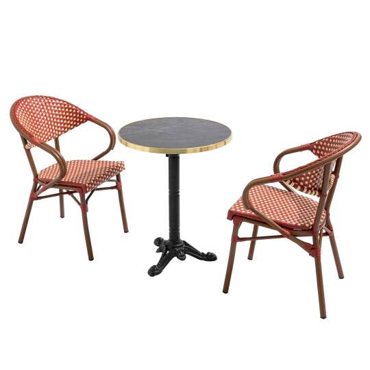 Table de jardin bistrot inclinable en stratifié effet marbre et fonte Ø60 cm et 2 chaises en rotin synthétique et aluminium | Ov