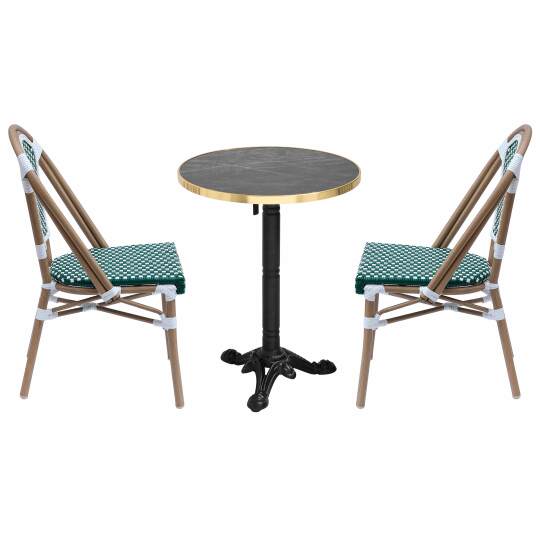 Table de jardin bistrot inclinable en stratifié effet marbre et fonte Ø60 cm et 2 chaises en rotin synthétique et aluminium | Ov