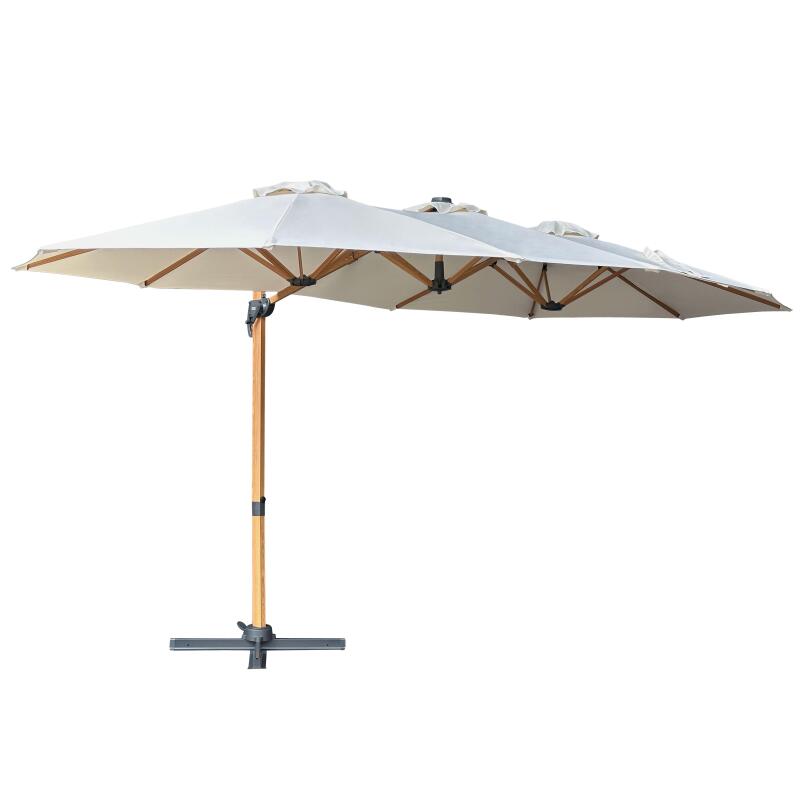 Parasol déporté 3 têtes (4,5 x 2,65 m) avec mât rotatif 360° effet bois et housse de protection