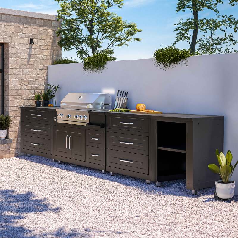 Cuisine extérieure en métal avec barbecue et rangements - 4 modules - Ambiance