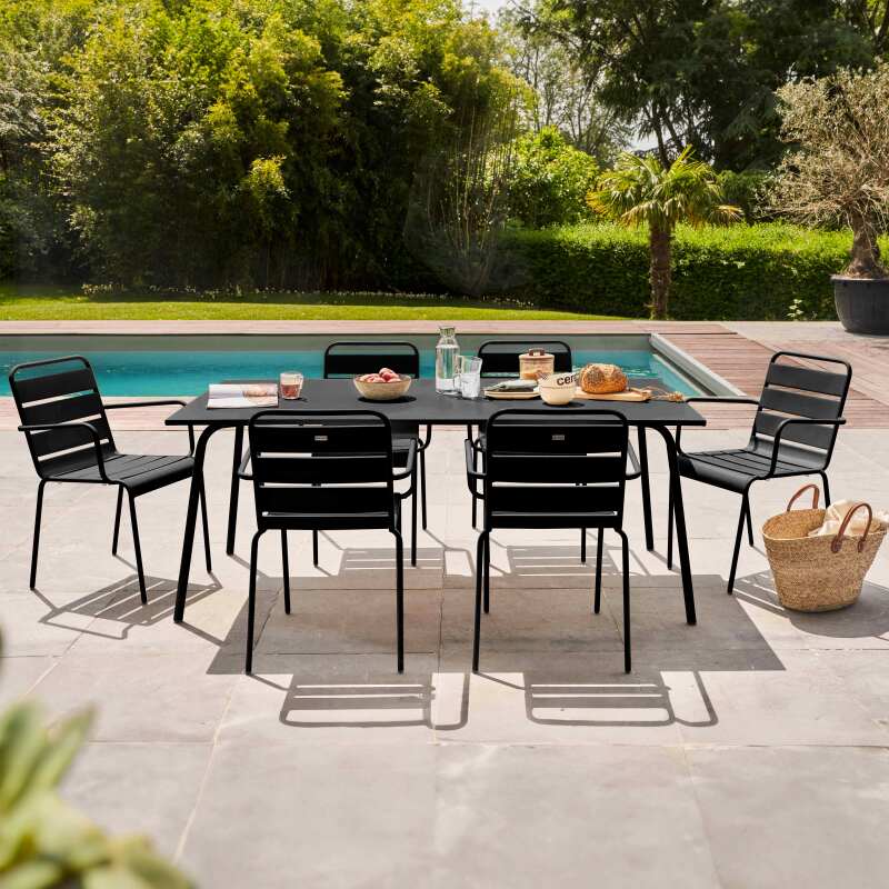 Table de jardin rectangulaire 180 x 90 cm et 6 chaises avec accoudoirs en métal