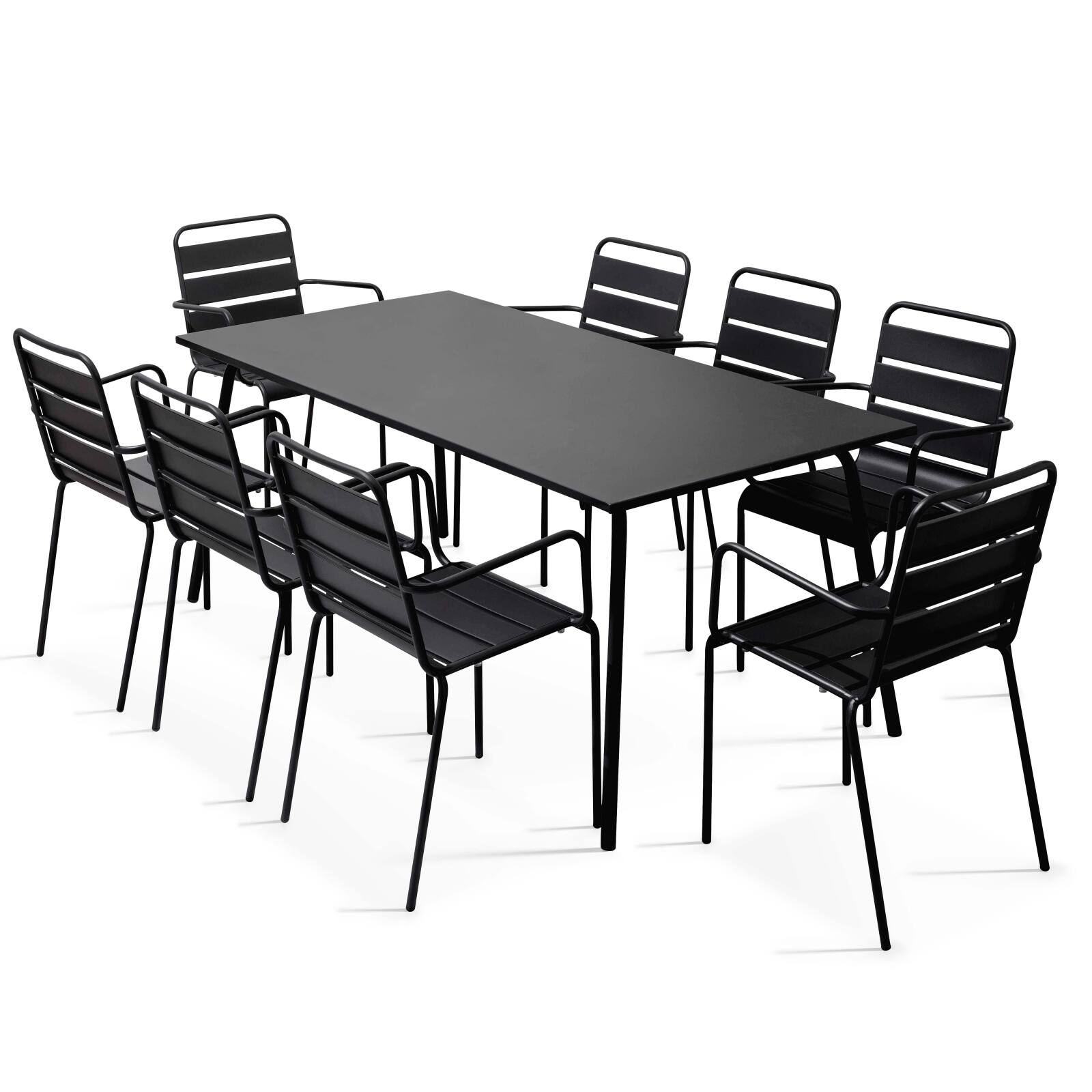 Table de jardin rectangulaire 180 x 90 cm et 8 chaises avec accoudoirs en métal