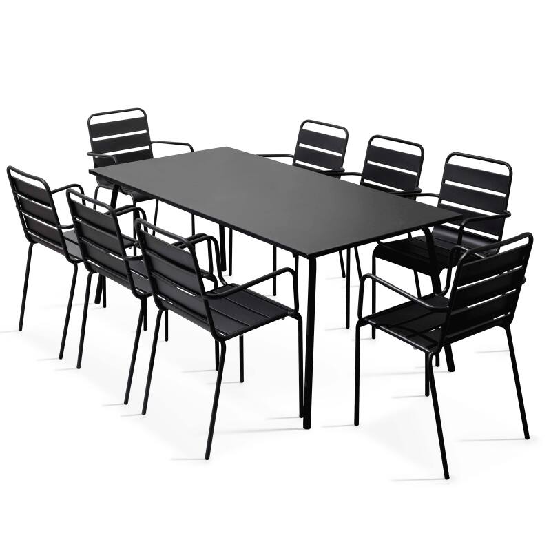 Table de jardin rectangulaire 180 x 90 cm et 8 chaises avec accoudoirs en métal