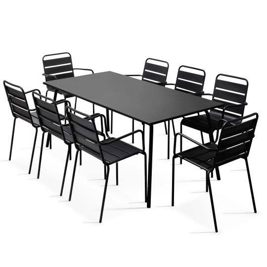 Table de jardin rectangulaire + 8 chaises  avec accoudoirs en métal | Oviala