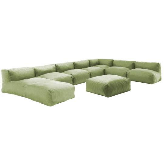 Salon de jardin modulable avec 5 chauffeuses, 1 fauteuil d'angle, 1 méridienne et 1 pouf