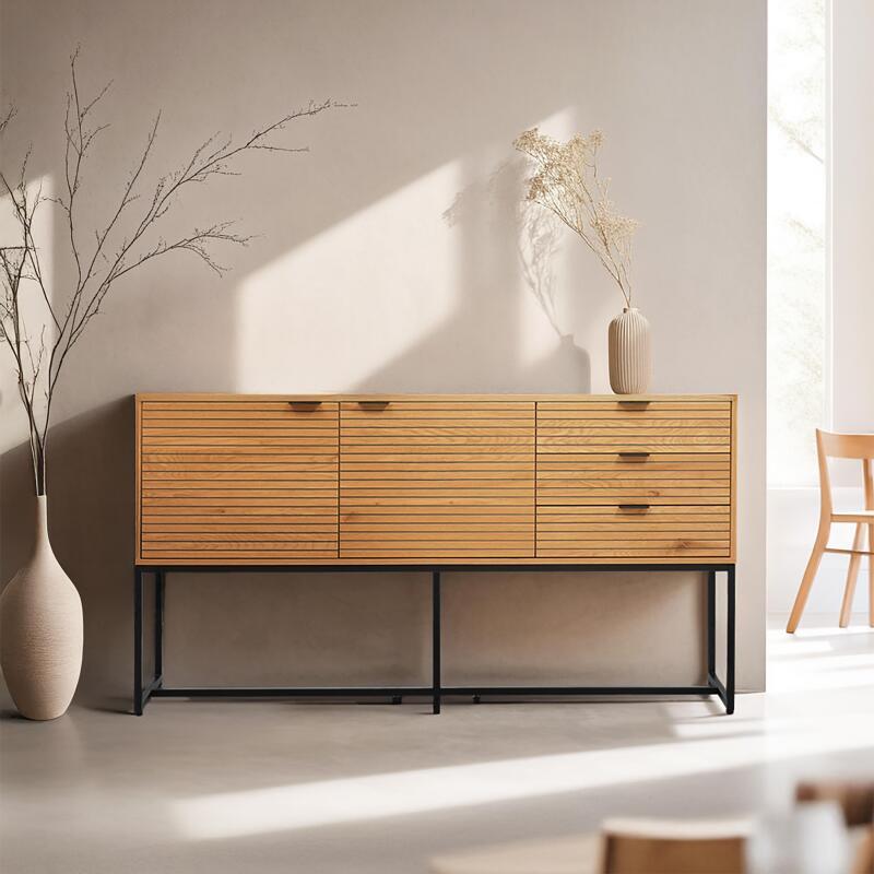 Buffet 2 portes et 3 tiroirs en acier et MDF décor mélaminé FSC®