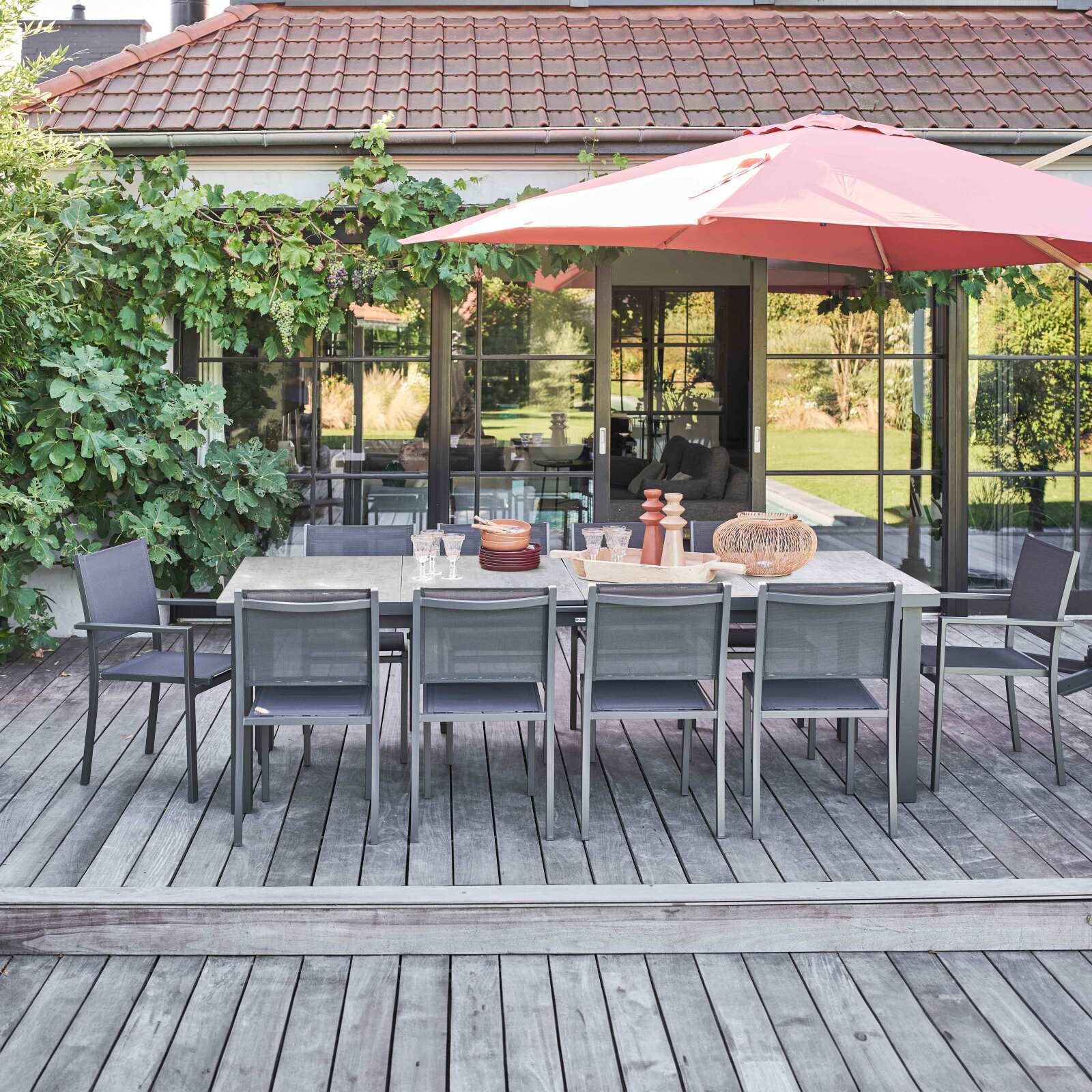 Table de jardin extensible rectangulaire 320 x 100 x 76 cm avec 8 chaises et 2 chaises avec accoudoirs