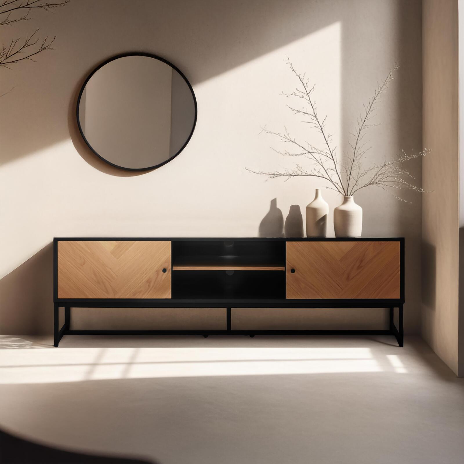 Meuble TV en panneaux de particules plaqué chêne décor mélaminé FSC® 160 cm