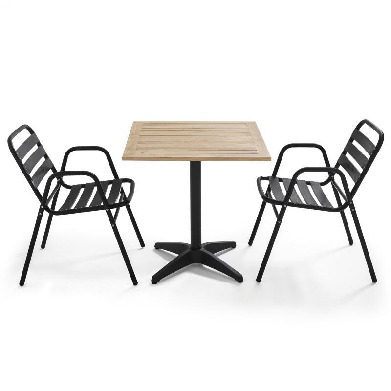 Table de terrasse carrée en bois et 2 chaises avec accoudoirs en aluminium