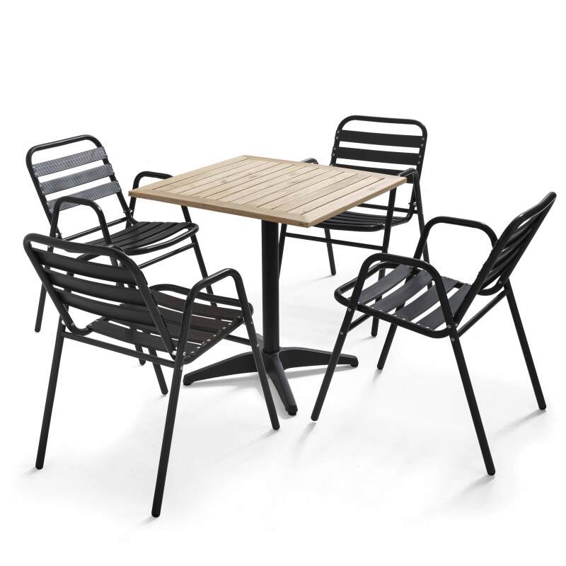 Table de terrasse carrée 70 x 70 cm en bois et 4 chaises en aluminium