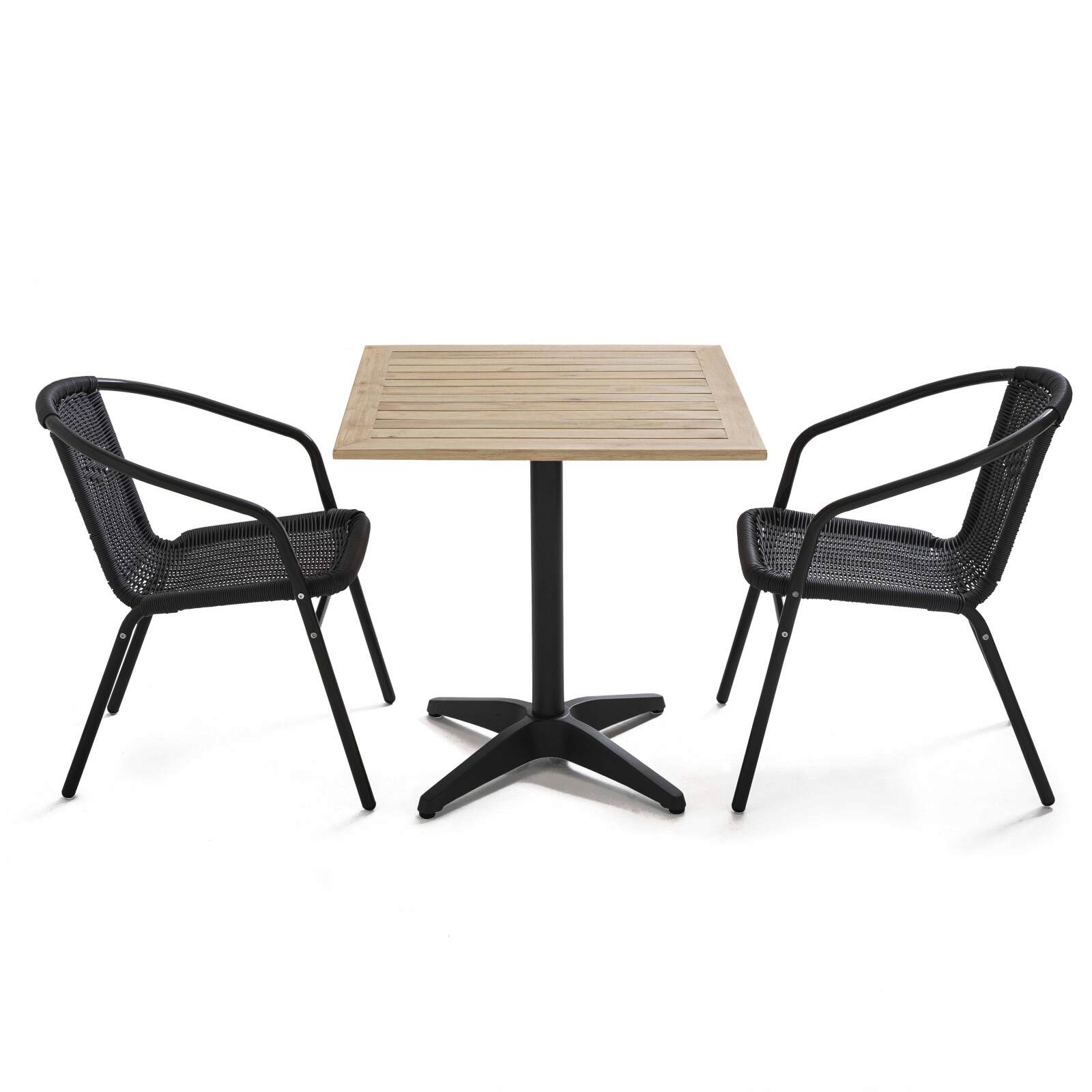 Table de terrasse carré plateau bois et 2 chaises en résine et aluminium