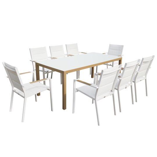 Table de jardin rectangulaire en aluminium effet bois 180 x 90 x 74 cm et 8 chaises avec accoudoirs