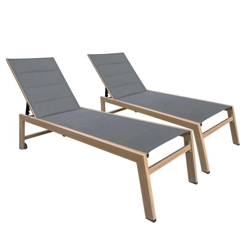 Lot de 2 bains de soleil en aluminium effet bois avec roues, inclinables 5 positions