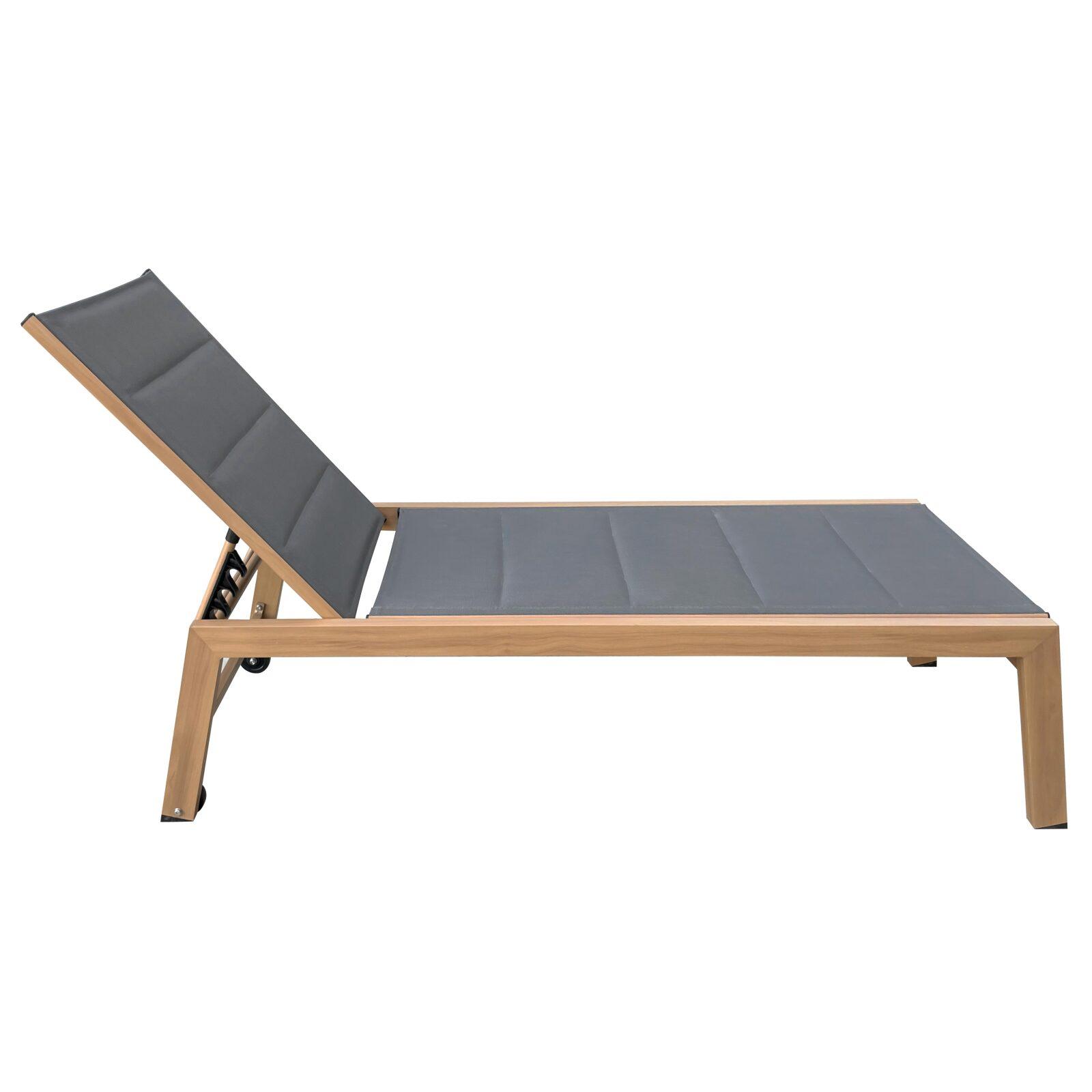 Lot de 2 bains de soleil en aluminium effet bois avec roues, inclinables 5 positions